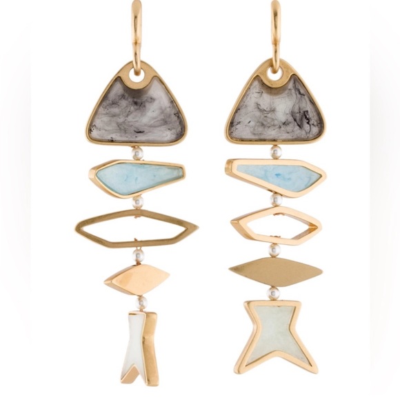 NWT! Tory Burch Gold Geometric Fish Drop Swarovski Pearls Dangle Earrings - Picture 2 of 5